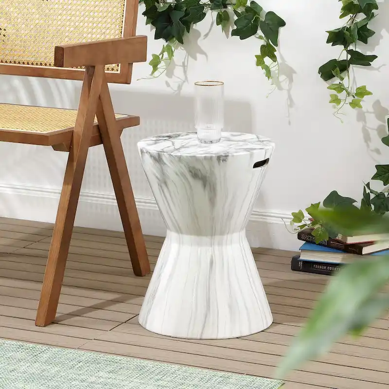 African Drum 17.3  White Marble Finish Ceramic Garden Stool by