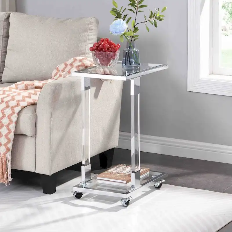 Glass Side Table, Acrylic End Table, Glass Top C Shape Square Table with Metal Base