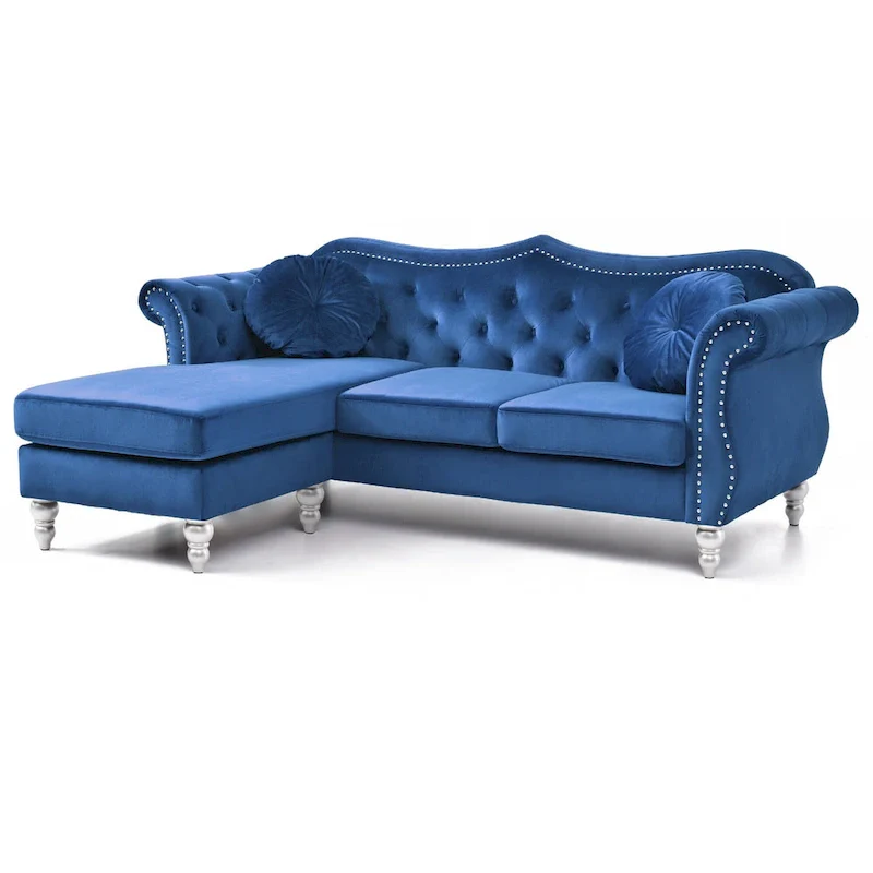 Tufted Velvet Chesterfield Sectional Sofa with Throw Pillows - 81 - Blue