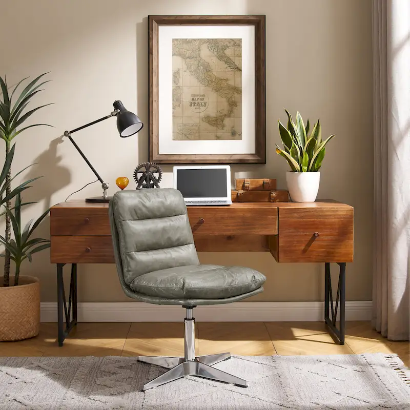 Art Leon Mid-Century Modern Genuine Leather Home Office Desk Chair