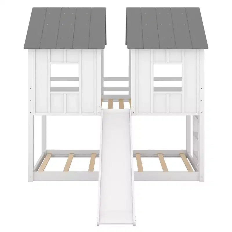 Whisen Twin over Twin House Bunk Bed with Slide and Windows - White