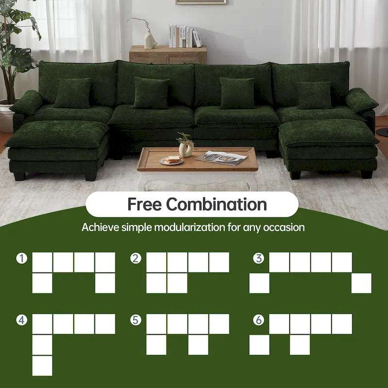 144 Modular Compression Sofa Set Convertible Sectional Sleeper Couch with 2 Ottomans