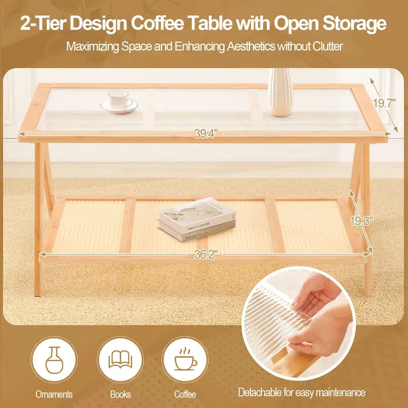 Bamboo Glass Top Side Table Accent End Table with Magazine Rack