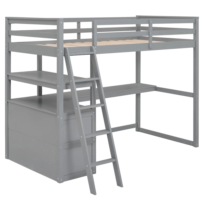 Gray Modern Pine Wood Loft Bed with Desk, Shelves, and Two Built-in Drawers