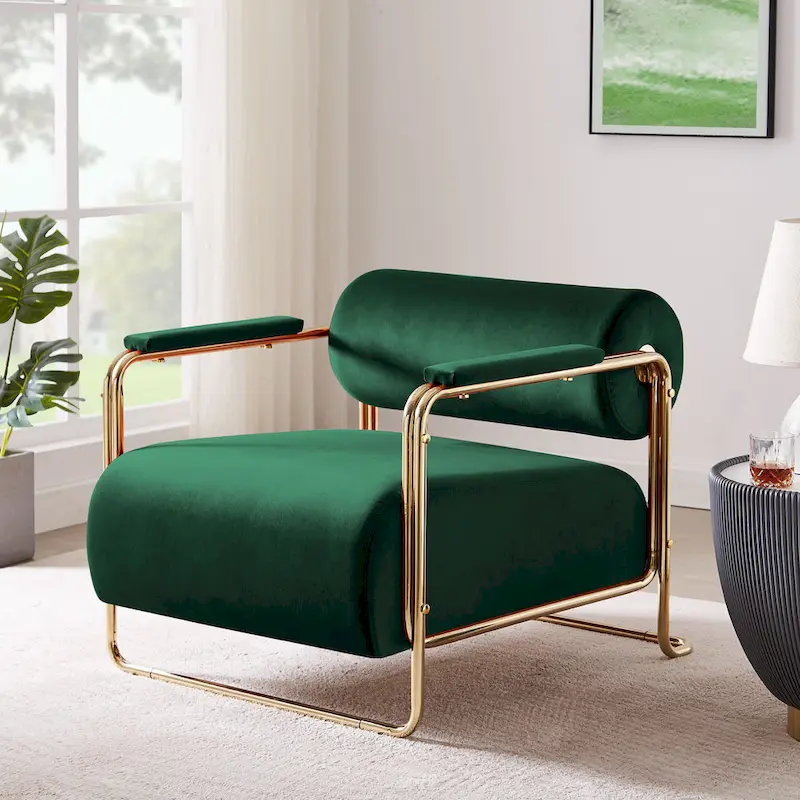 31 Wide Velvet Armchair with Cylindrical Backrest and Metal Frame