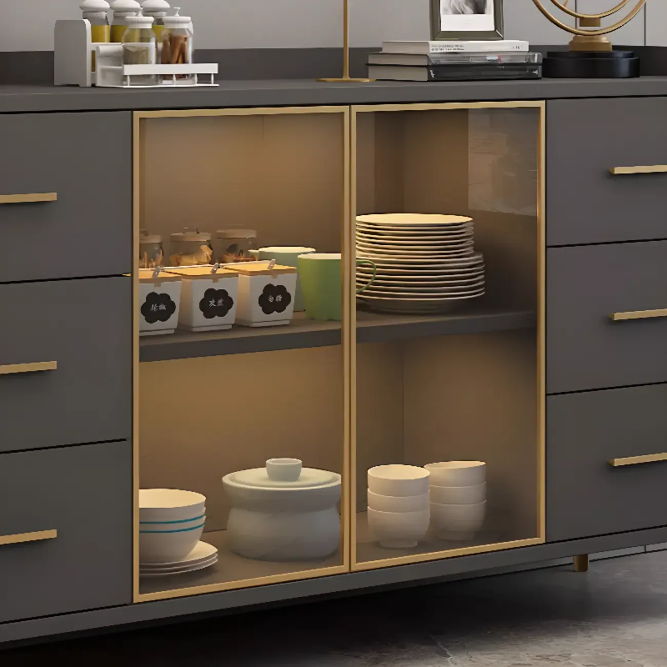 Trendy 6 Drawers White/Black Kitchen Cabinets with Metal Foot