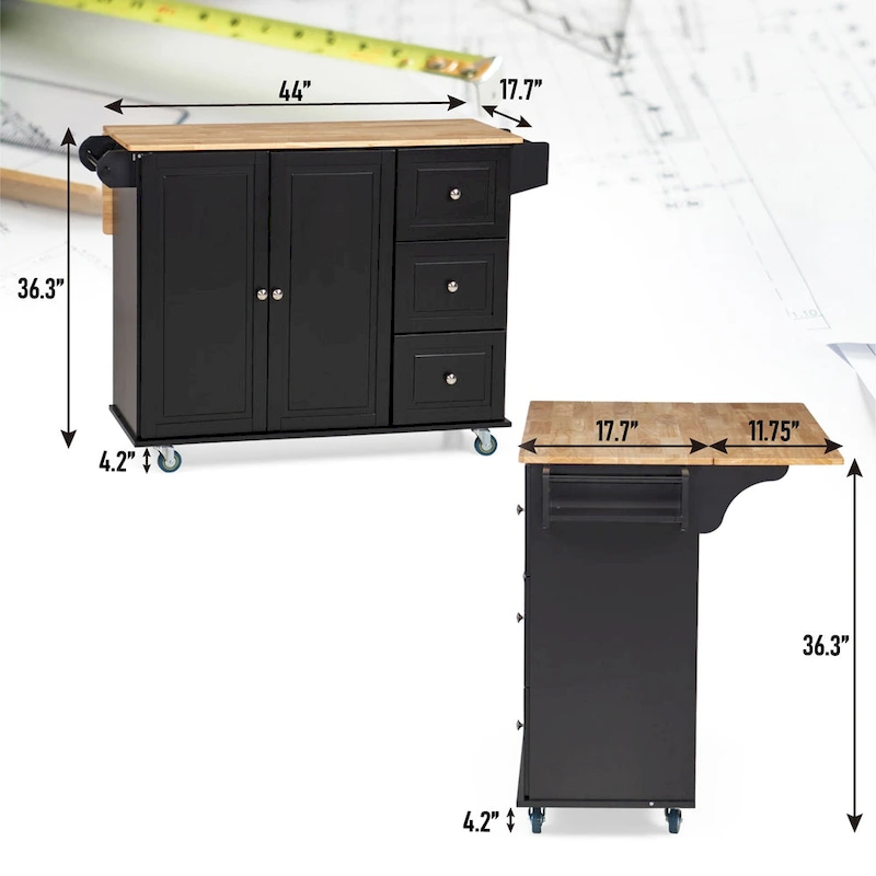Kitchen Island Cart with Drop-Leaf and Rubber Wood Top, Rolling Kitchen Trolley Cart Cabinet