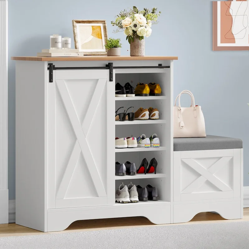 Farmhouse Shoe Cabinet with Sliding Door Shoe Bench 5-Tier Shoe Storage Cabinet with Adjustable Shelves for 20 Pairs