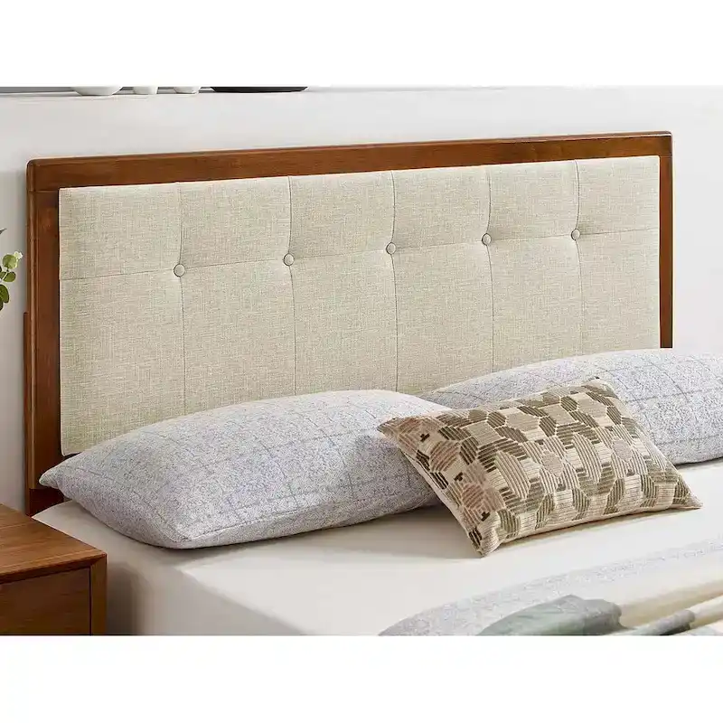 Marlin Traditional Beige Fabric Button Tufted Queen Size Walnut Wooden Headboard