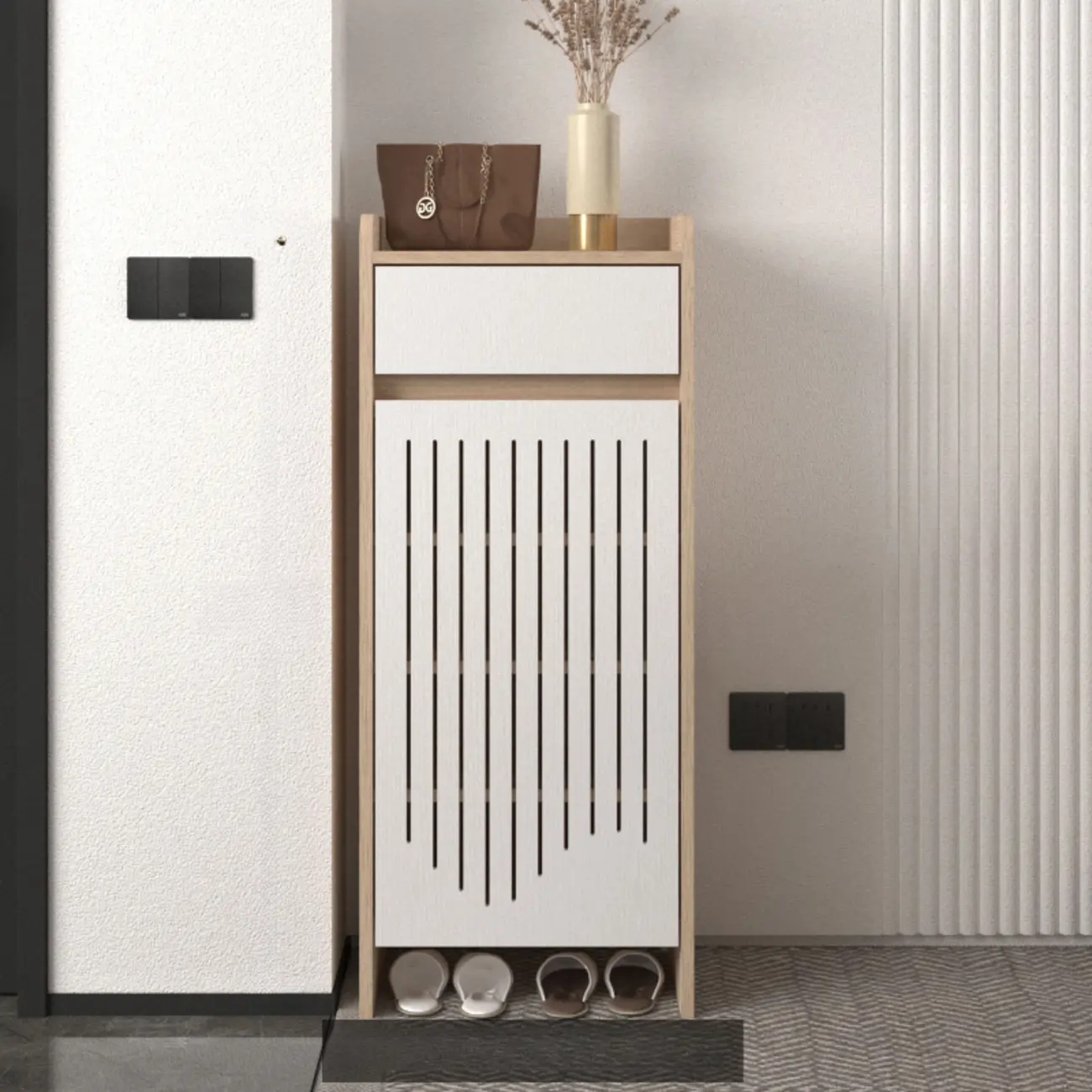 Modern Slim Wood Beige Entryway Shoe Cabinet