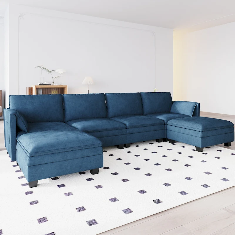 Christopher Knight Home - Noah 141.5 U-Shaped 6-Seater Sofa Couch with Movable Ottoman and Armrest Pockets, Fabric Upholstery