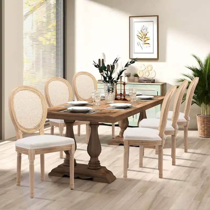 Farmhouse French Dining Room Antique Painting Chairs with PU Set of 6