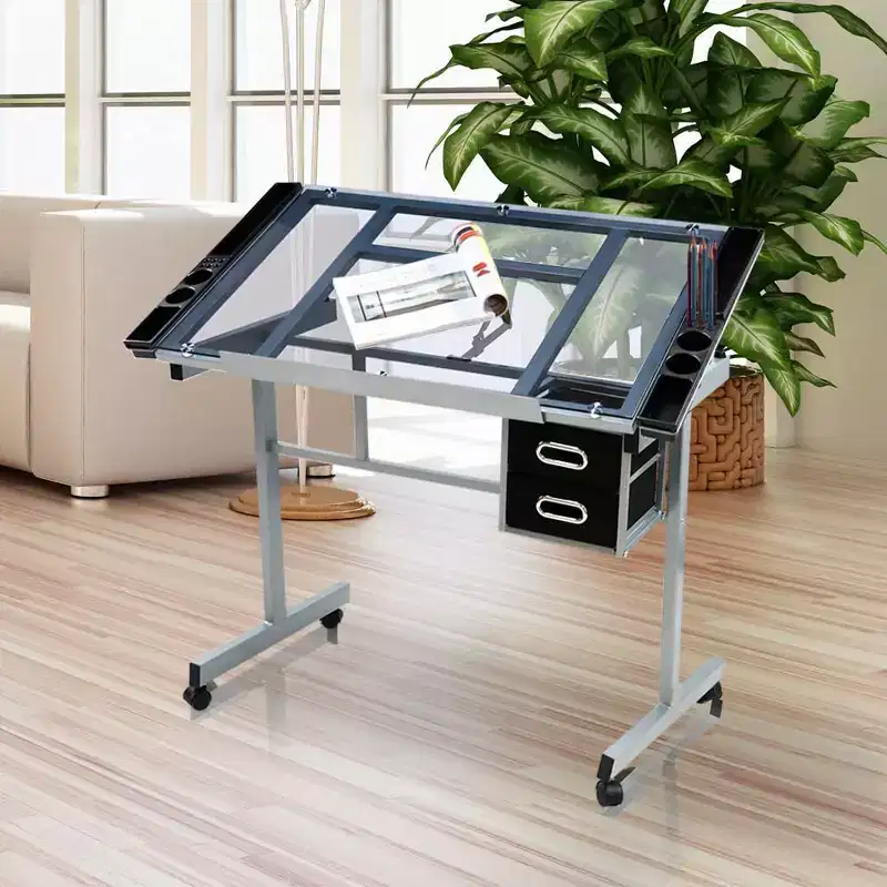 Silver/Blue Glass Adjustable Drafting Table, Single-User, with Storage Drawers