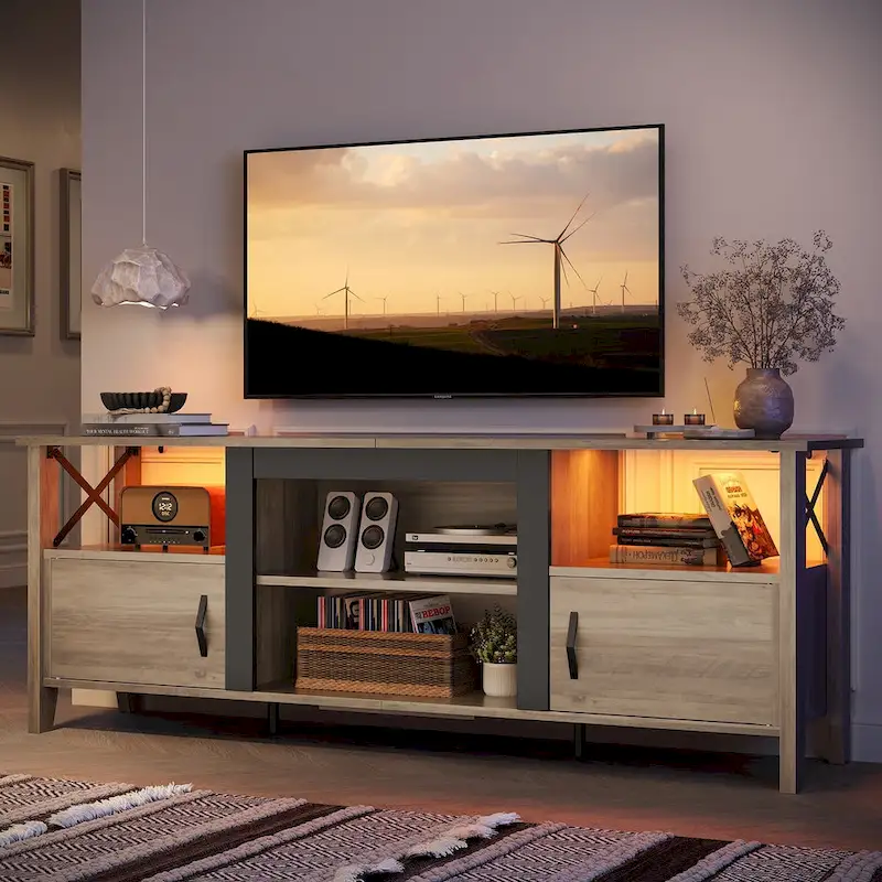 Farmhouse TV Stand for 70 Inch TV with LED Light,63  Tv Console Cabinet with Media Storage