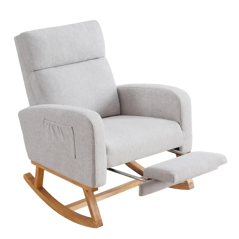 Linen Rocking Chair with Footrest and Side Pocket
