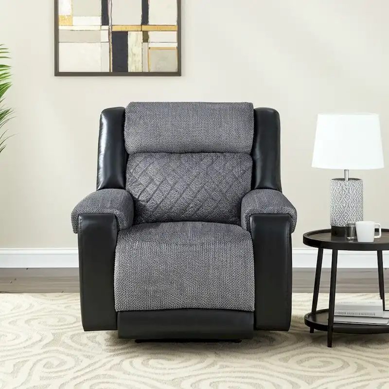 HomeRoots 39 Black And Gray Faux Leather And Fabric Manual Recliner