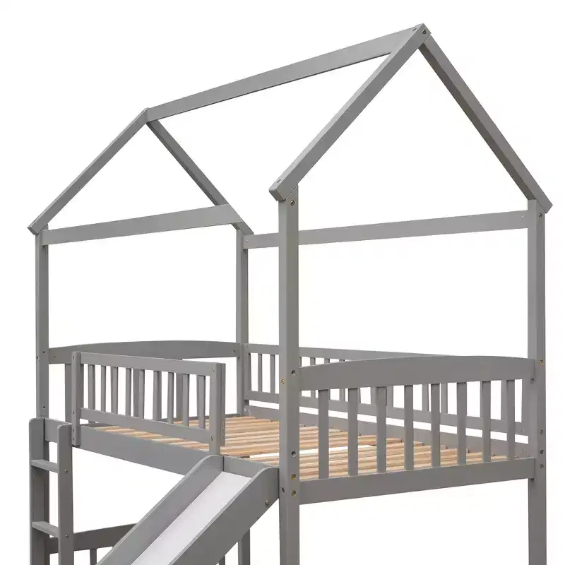 Twin House Loft Bed with Slide, Wood Playhouse Loft Bed Frame with Ladder and Roof