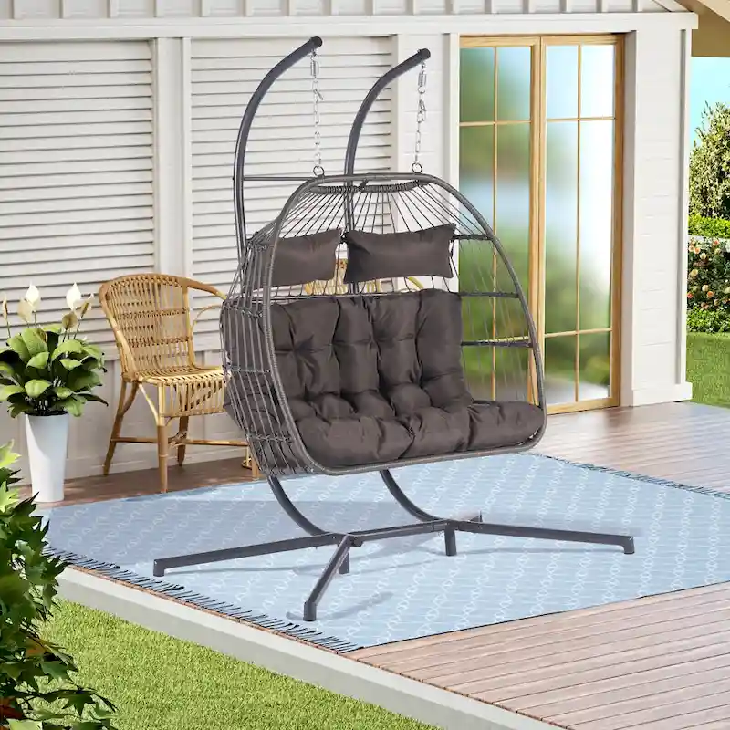 2 Person Outdoor Rattan Hanging Chair Patio Wicker Egg Chair