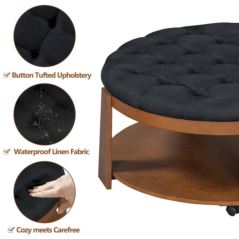 36 Round Button Tufted Upholstered Coffee Table with Wood Shelf and Wheel