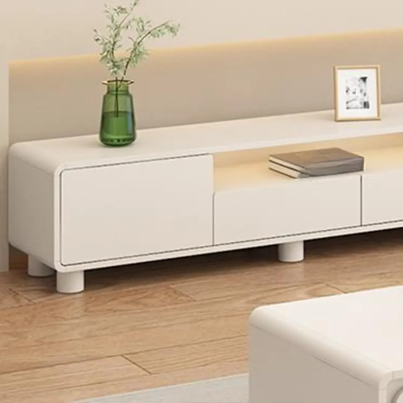 White Wooden Modern TV Stand with Drawers & Cabinets