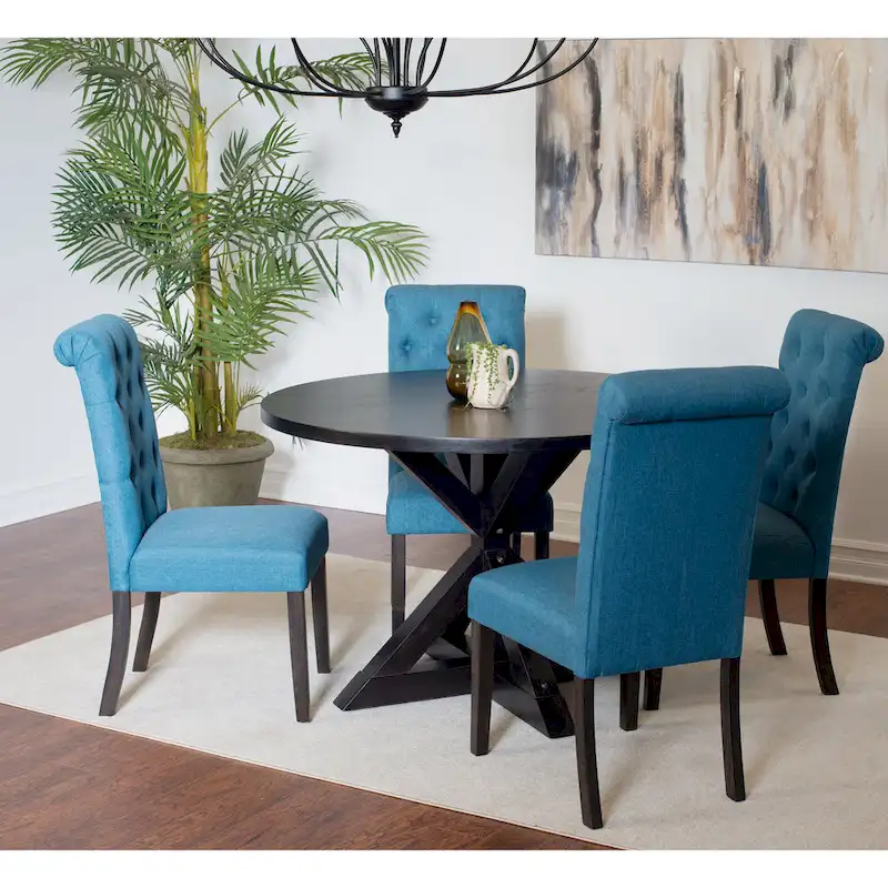 5 Piece Round Dining Table Set, Dining Room Furniture Set with Cross-Buck Dining Table and 4 Upholstered Chairs