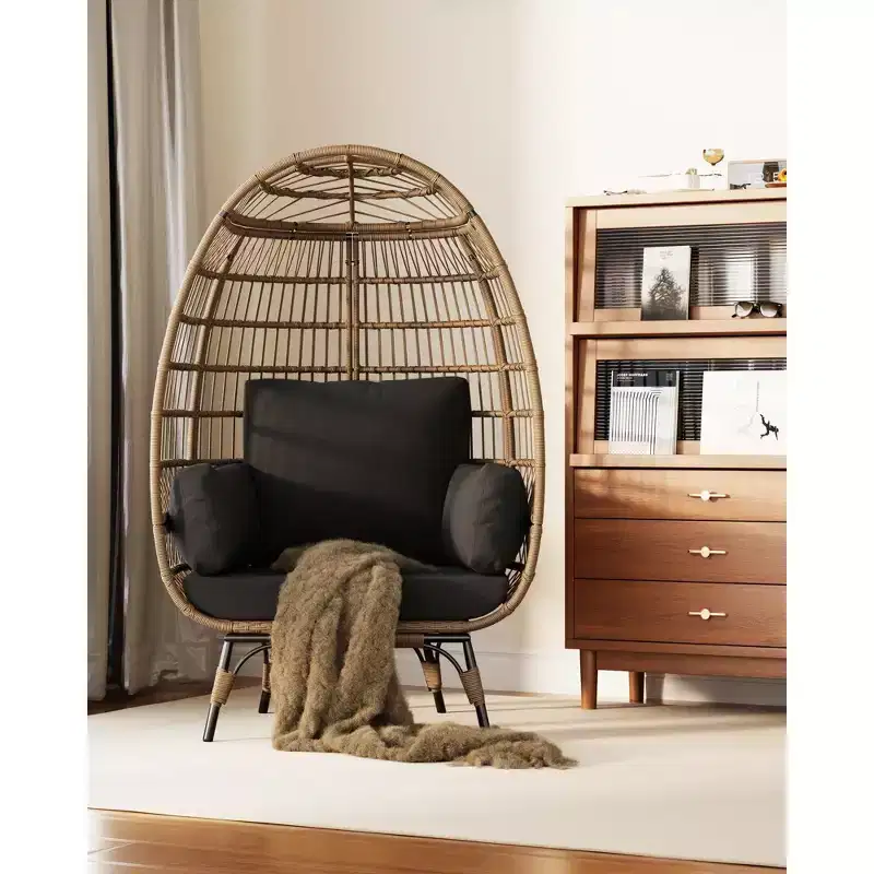Outdoor Egg Chair with Thick Cushions, Oversized Patio Wicker Basket Chair for Balcony, Patio, Living Room, 350LBs Capacity