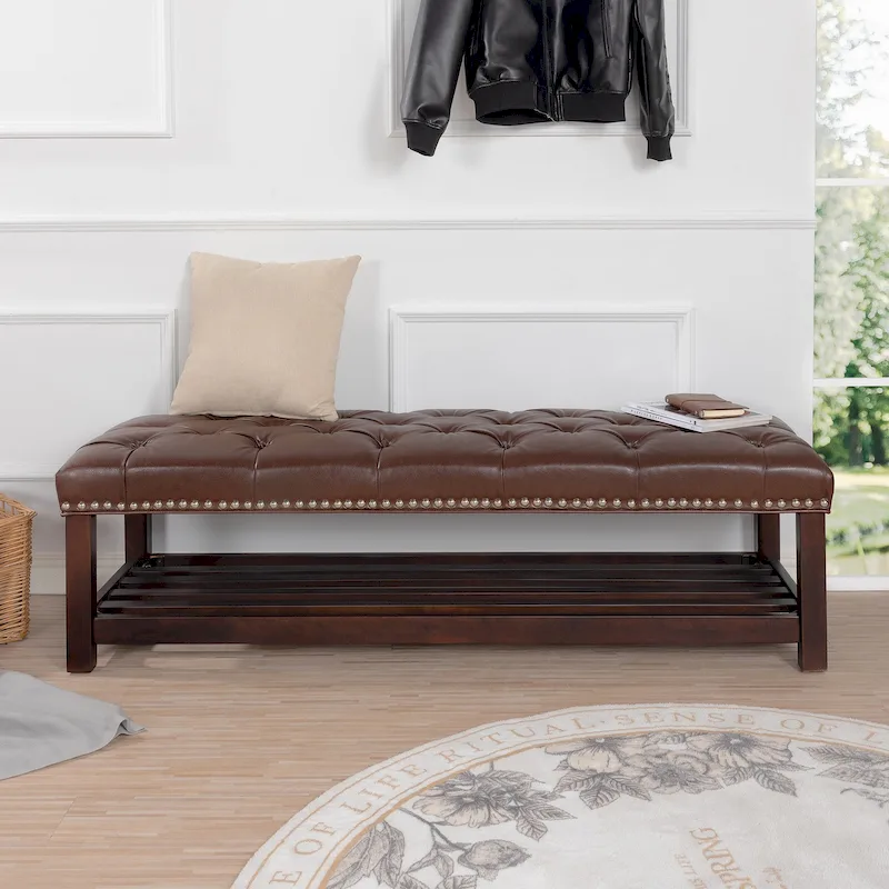 Tufted Upholstered End of Bed Bench with Nailhead Trim and Storage Shelf
