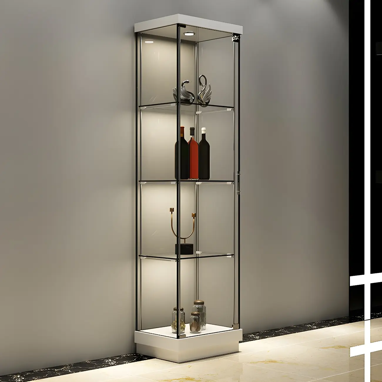 Fashion Black Clear Glass Tall Curio Cabinet with Light