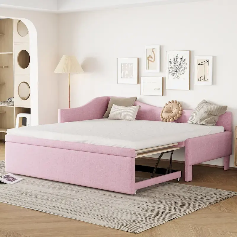 Twin Size Upholstered L-Shaped Upholstered Daybed with Pop Up Trundle, Pink