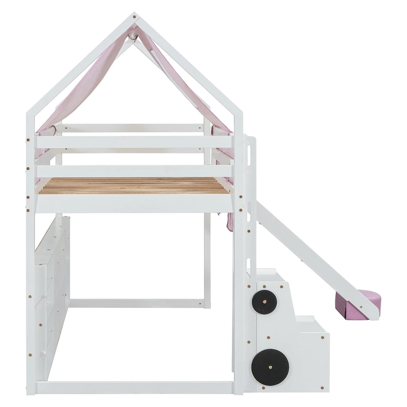 Twin Loft Bed with Play Tent, House Design, Slide & Ladder