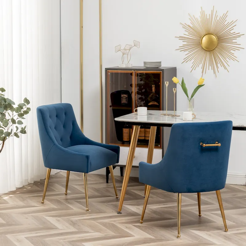 SEYNAR Modern Boucle Velvet Upholstered Accent Dining Chair Set of 2 Tufted Back Armless Chair with Golden Legs