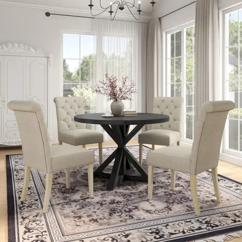Roundhill Furniture Banff 5-Piece Round Dining Set, Cross-Buck Round Table with 4 Tufted Chairs