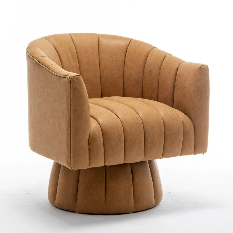 SEYNAR Mid-Century Swivel PU Leather Tufted Round Accent Barrel Chair