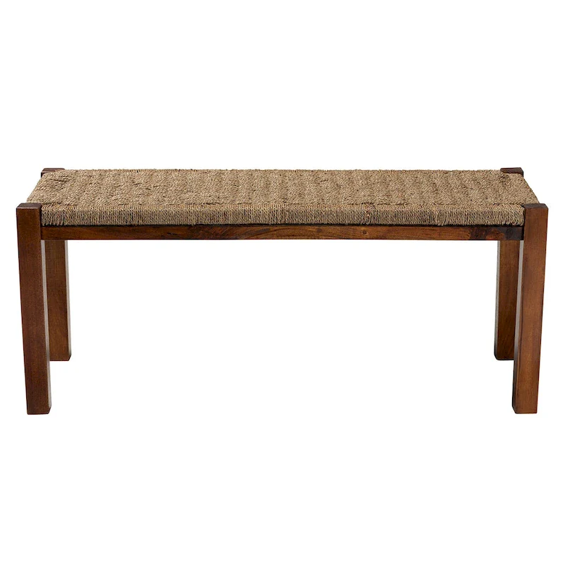 Hermes Mid-Century Modern Transitional Natural Seagrass and Mahogany Wood Bench