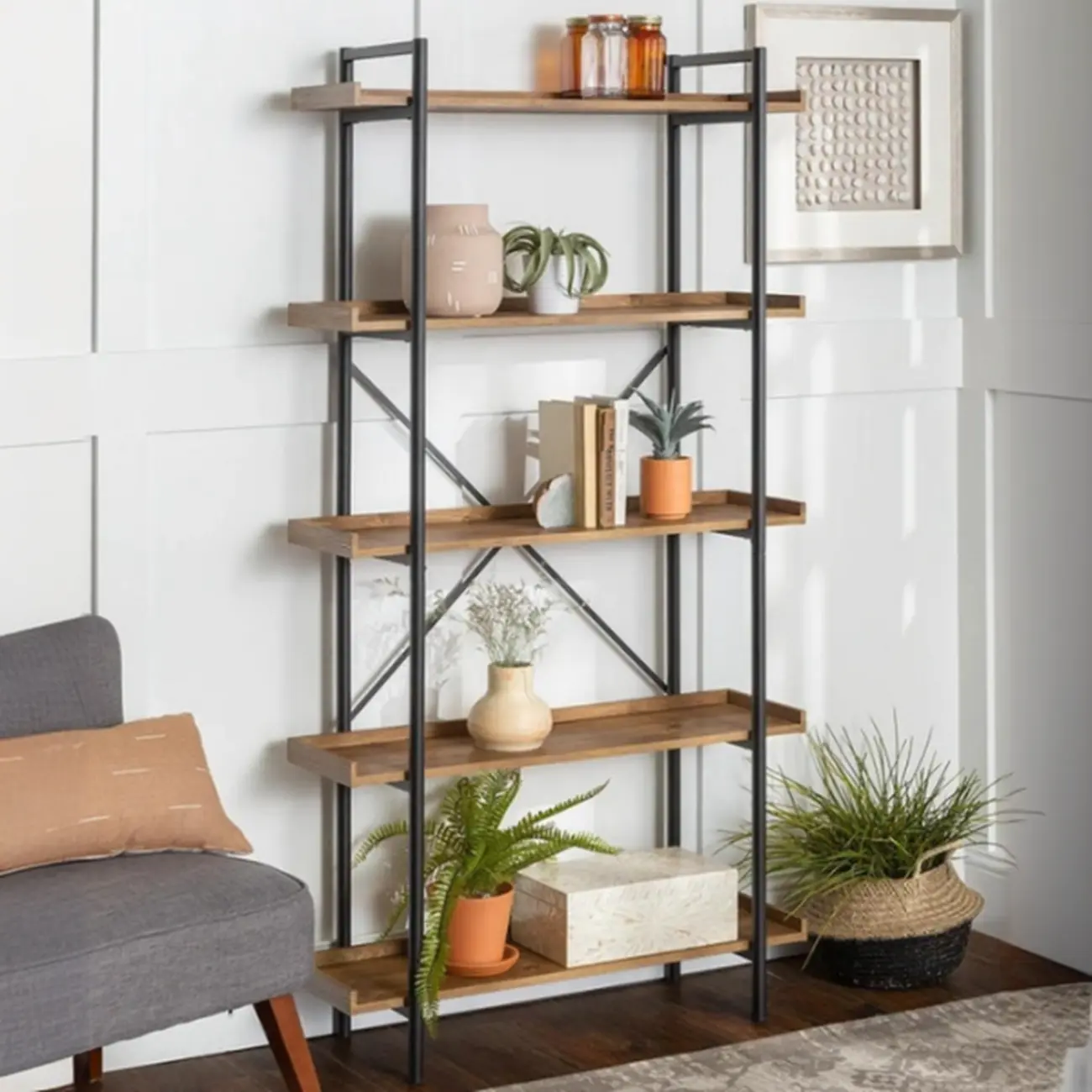 5-Tier Open Back Metal Frame Rectangular Bookcase