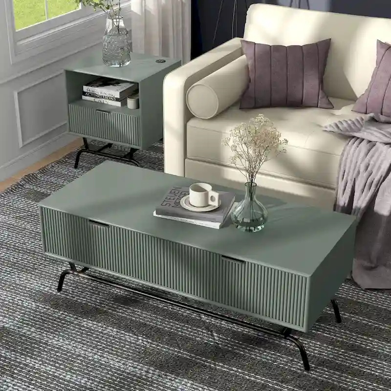 DH BASIC 2-Piece Modern Coffee Table and End Table Set with 3D Wave Accented Drawers by Denhour