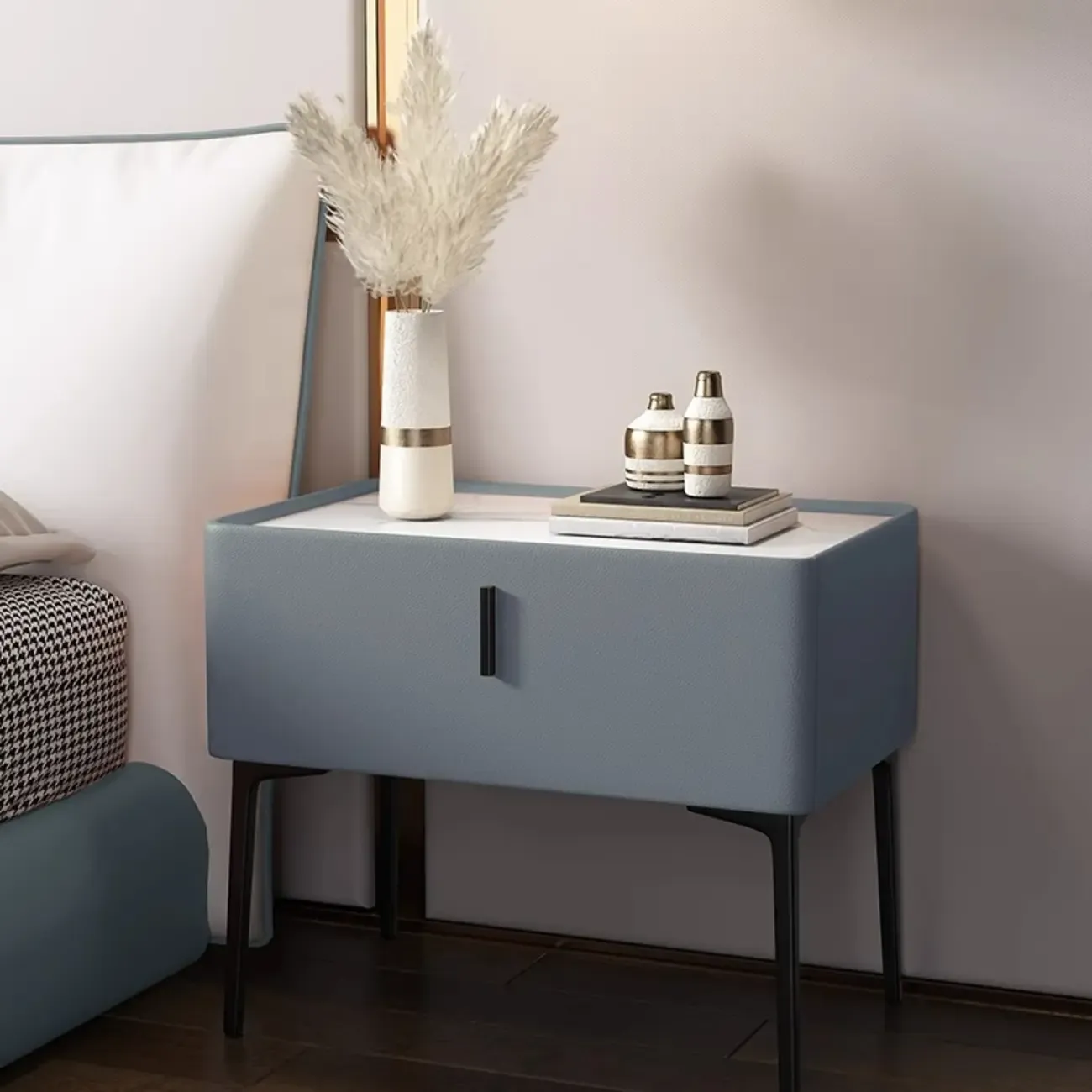 Modern 1 Tier Drawer Nightstand with Faux Marble Countertop