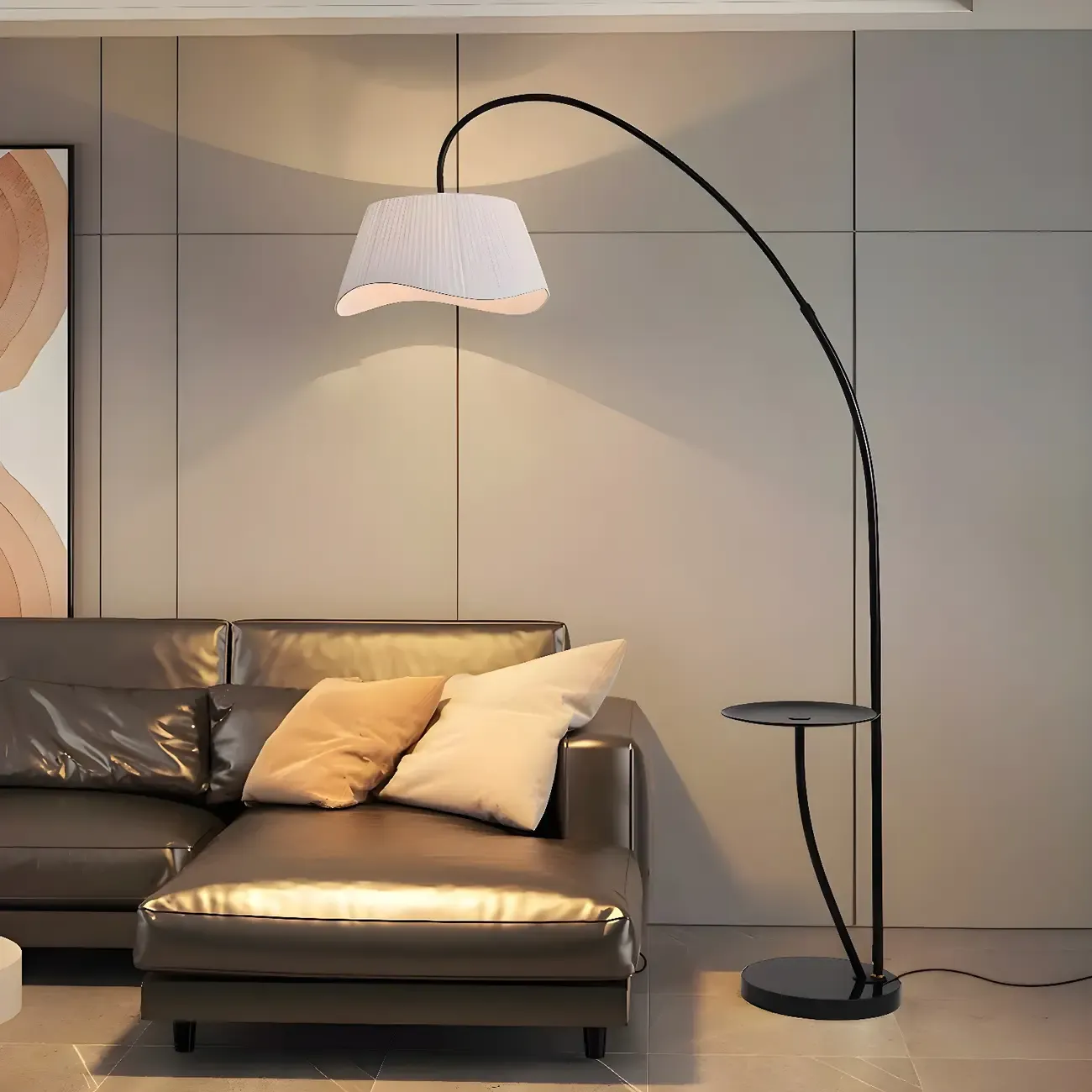 Plug In Black Arc LED Floor Lamp with Shelf