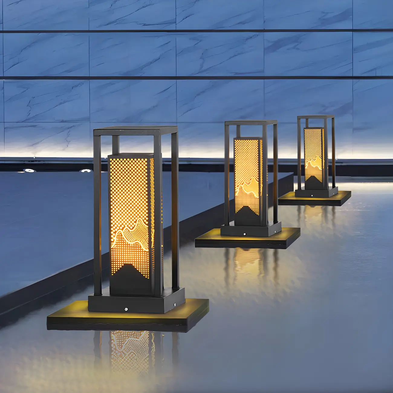 Black Metal Grid Wired Rectangle Post Cap Light