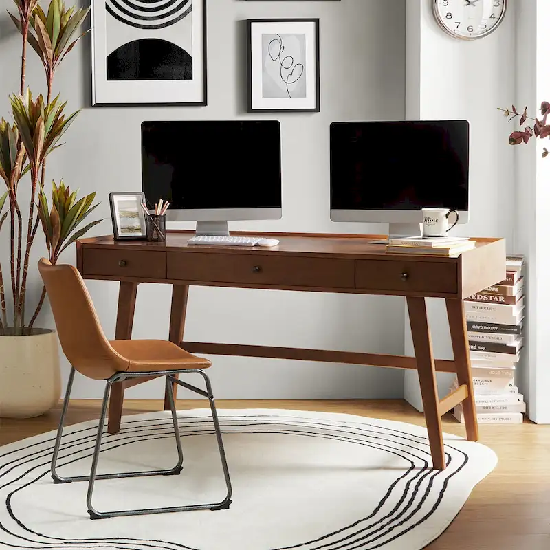 Mid-century Office Desk with Drawer Divider&Cable Management&Charging Station