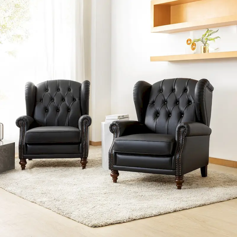 Alex Classic Wingback Leather Armchair with Nailhead Trim Set of 2 by HULALA HOME