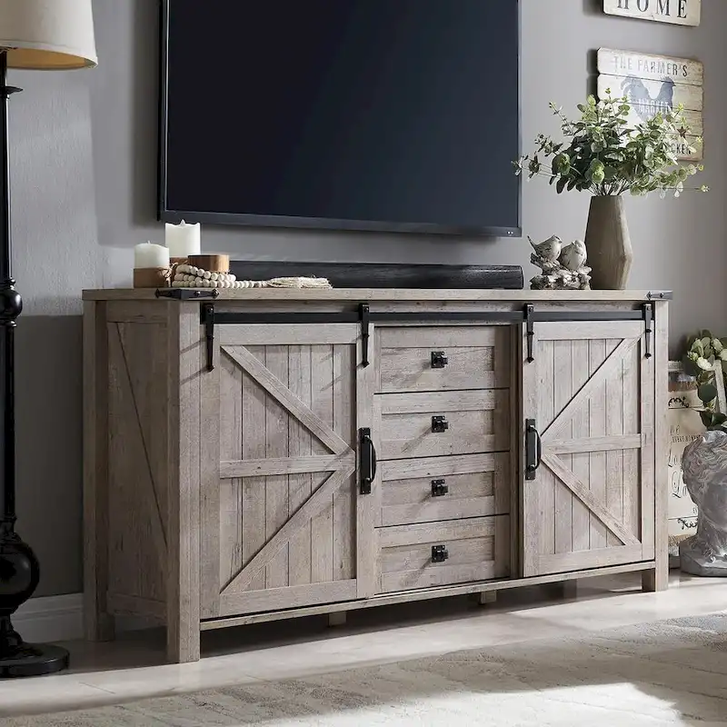 Farmhouse Dresser with 4 Drawers & 2 Sliding Cabinets, Dark Rustic Oak/Antique White/Barnwood