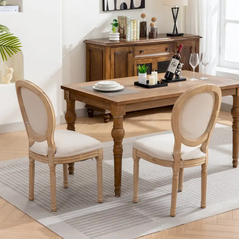 Solid Wood Dining Chair with Linen Upholstery, Set of 2