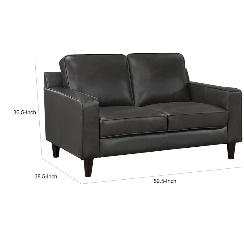 60 Inch Loveseat, Gray Top Grain and Faux Leather, Solid Wood