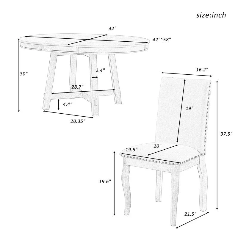 Farmhouse Dining Table Set Wood Round Extendable Dining Table and 4 Upholstered Dining Chairs