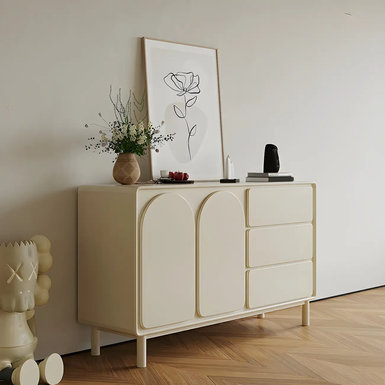 Durable Off-White Wooden Combo Dresser with Shelves