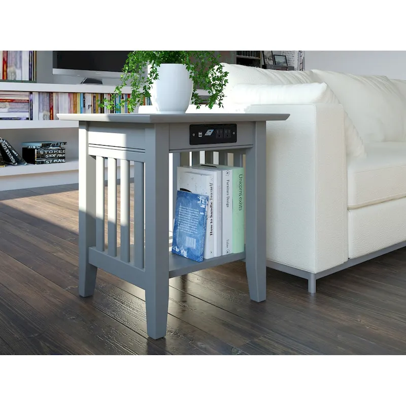 Mission-Style End Table with USB Charging Station – Grey, Solid Wood, Single