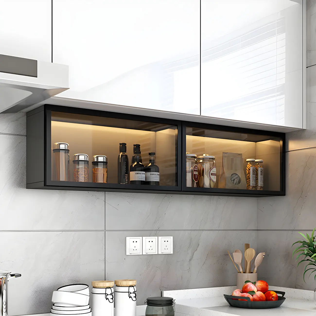 Kitchen Grey Wood Wall-Mounted China Cabinet