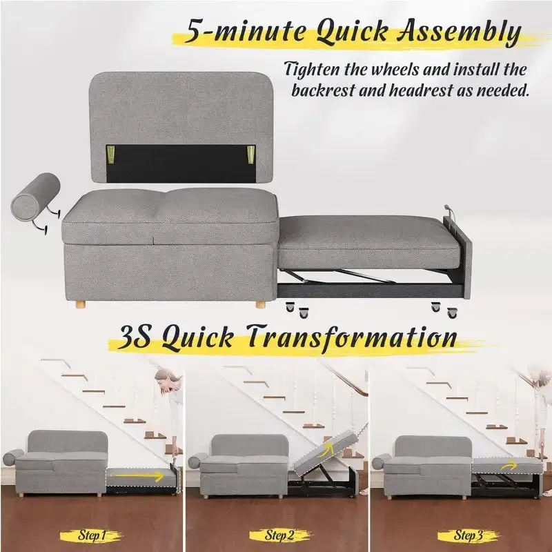 Hansabenne 4 in 1 Multi-Function Folding Sofa Folding Bed Single Futon Couch Guest Bed with 2 Throw Pillows