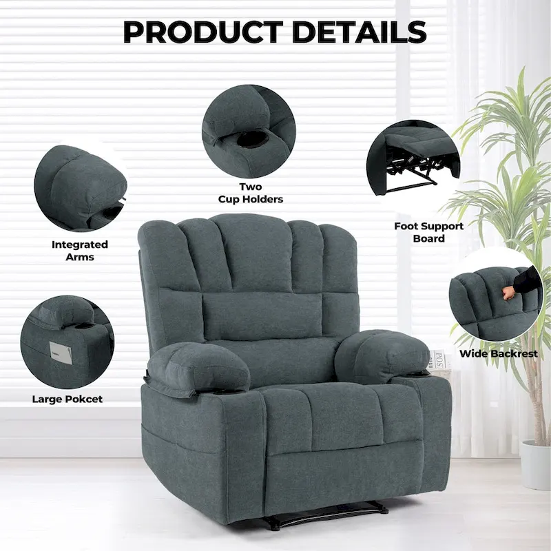 Chenille Manual Recliner Chair with Massage and Lumbar Heating, Dual Cup Holders, Side Pockets